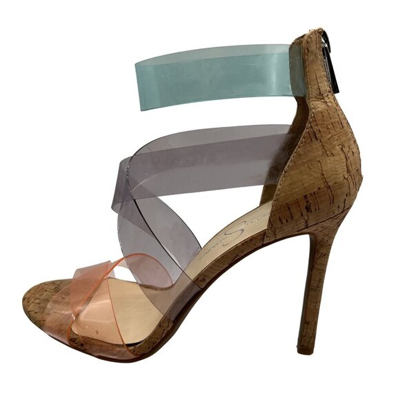 Jessica Simpson 8M Cork Clear Strap Heels Multicolor Stiletto Sandals Cocktail - Picture 7 of 14
